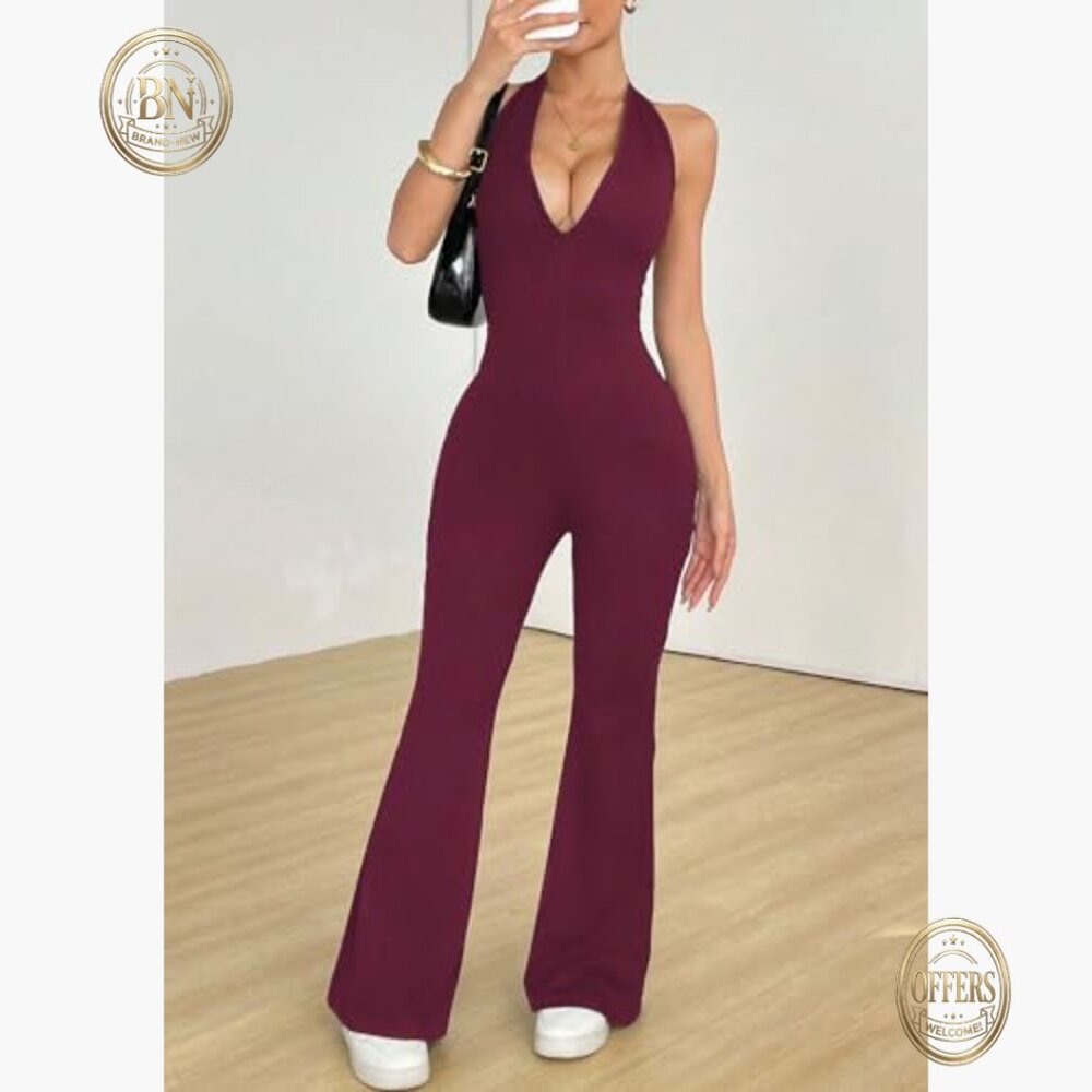 Polyester Elastane Halterneck Backless Flared Jum… - image 4